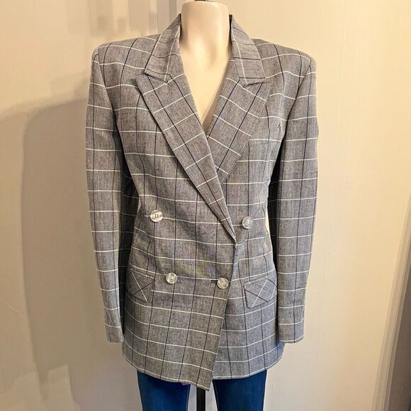 Giorgio Sant’Angelo Gray Plaid Linen Blazer 80s VTG Double Breasted 8 windowpane - Picture 2 of 10